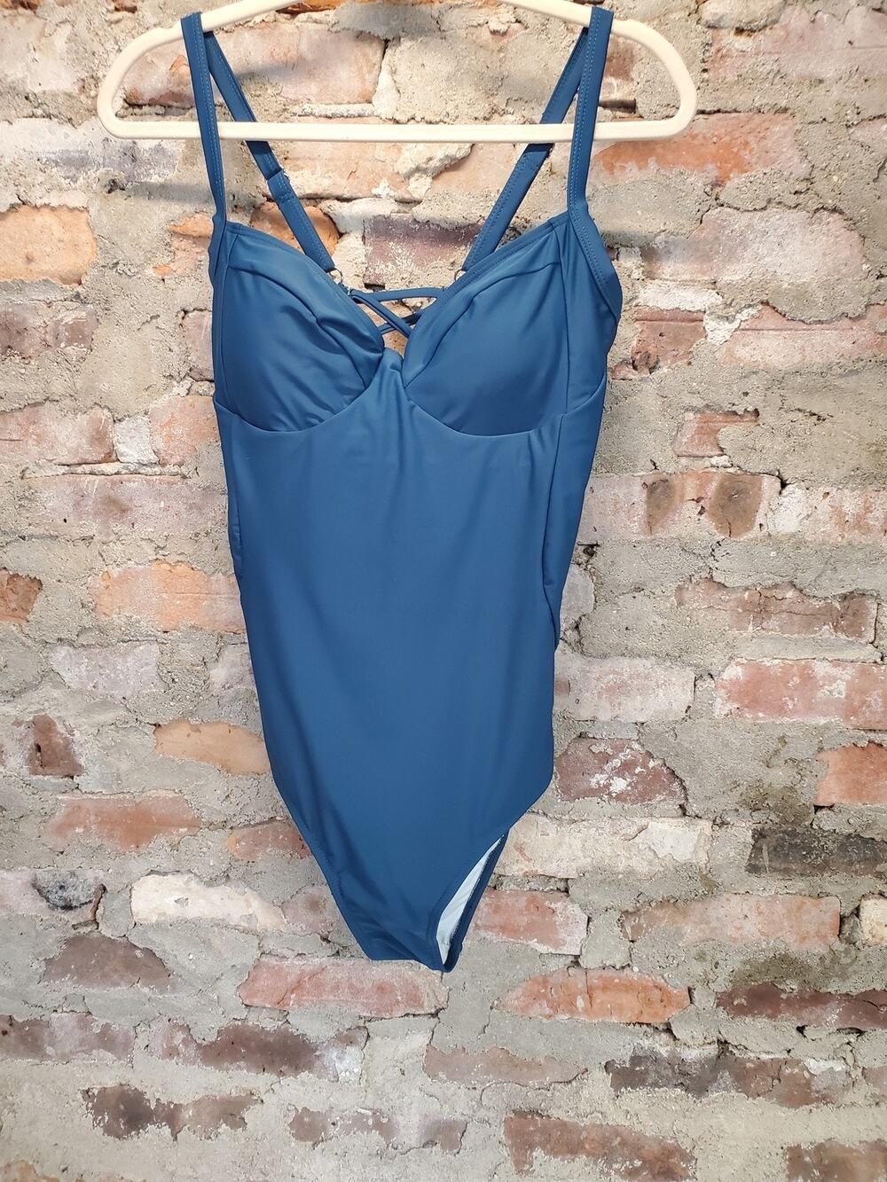 Womens One Piece Swimsuit XL Teal Blue Criss Cross Lace Up Back Nylon Spandex